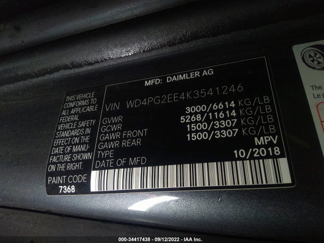 2019 Mercedes-Benz Metris, VIN: WD4PG2EE4K3541246