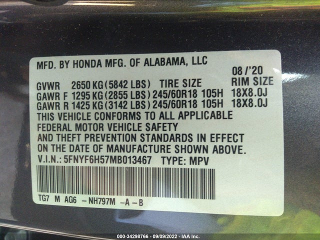 2021 Honda Pilot, VIN: 5FNYF6H57MB013467