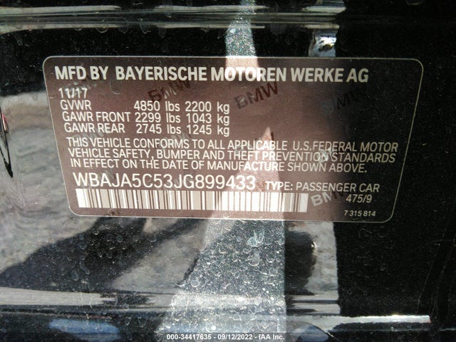 2018 BMW 5 Series, VIN: WBAJA5C53JG899433