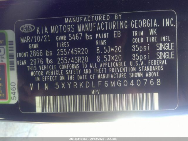 5XYRKDLF6MG040768 KIA SORENTO SX