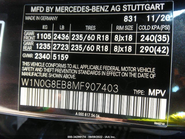2021 Mercedes-Benz GLC-Class, VIN: W1N0G8EB8MF907403