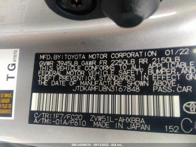 2022 Toyota Prius, VIN: JTDKAMFU8N3167848