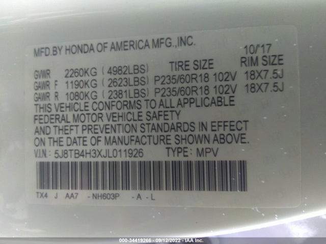 2018 Acura RDX, VIN: 5J8TB4H3XJL011926