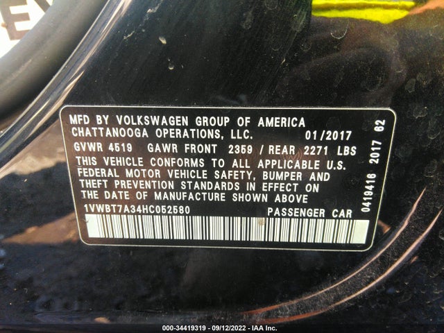 2017 Volkswagen Passat, VIN: 1VWBT7A34HC052580