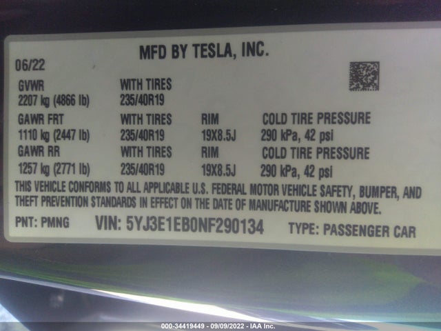 2022 TESLA MODEL 3 LONG RANGE VIN: 5YJ3E1EB0NF290134