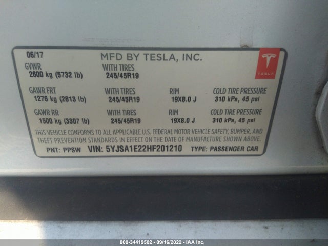 2017 Tesla Model S, VIN: 5YJSA1E22HF201210