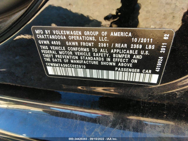 1VWBM7A36CC022910 Volkswagen Passat Se W/sunroof & Nav
