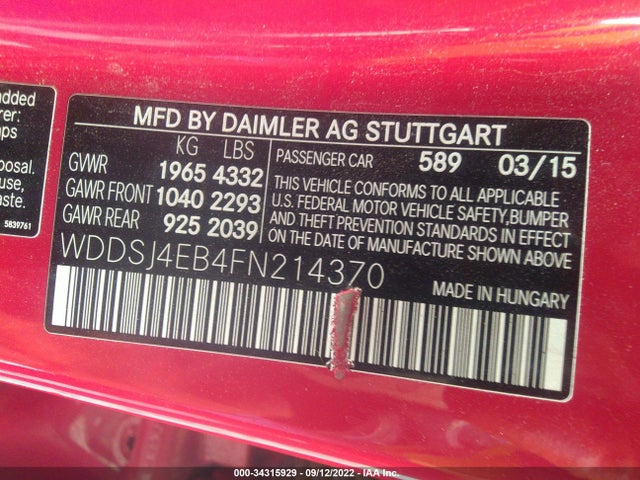 Aukcja sprzedaży 2015 Mercedes-benz Cla-class Cla 250, vin: WDDSJ4EB4FN214370, numer aukcji: 34315929