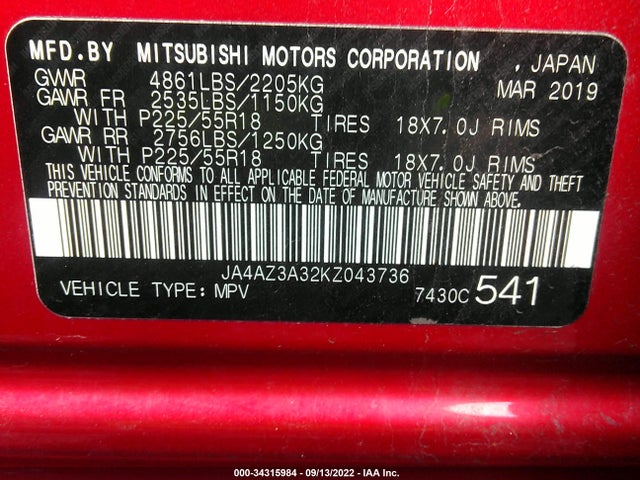 JA4AZ3A32KZ043736 Mitsubishi Outlander Es/se/sel/le