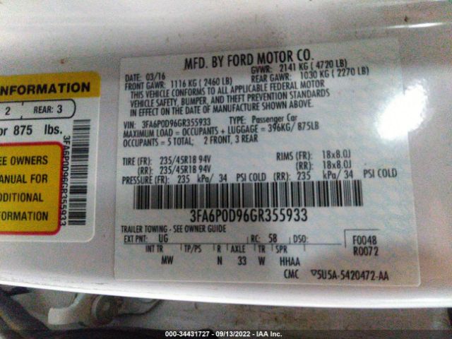 3FA6P0D96GR355933 Ford Fusion Titanium