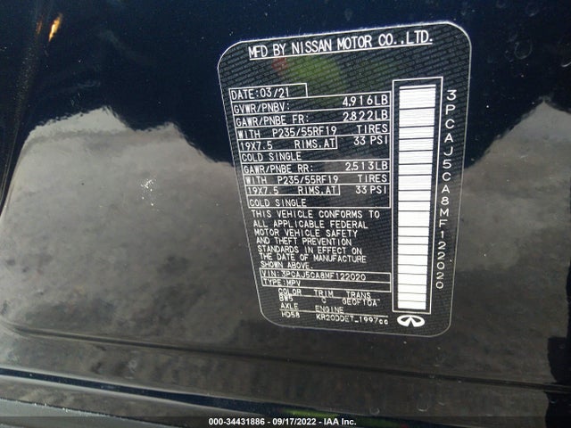 2021 Infiniti QX50, VIN: 3PCAJ5CA8MF122020