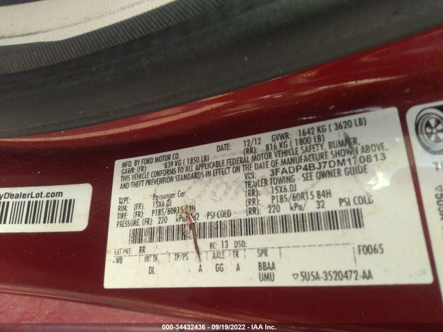 2013 FORD FIESTA SE VIN: 3FADP4BJ7DM170813