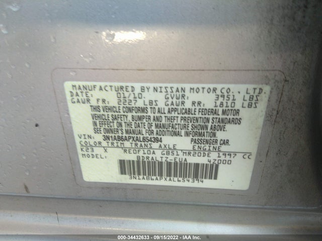 2010 NISSAN SENTRA 2.0 S VIN: 3N1AB6APXAL654394