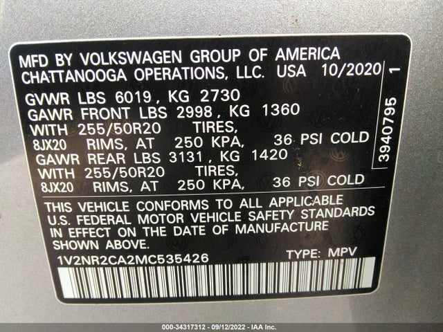 2021 Volkswagen Atlas, VIN: 1V2NR2CA2MC535426