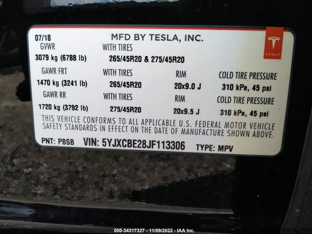 2018 Tesla Model X, VIN: 5YJXCBE28JF113306