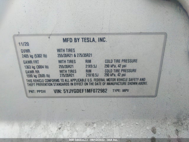 Tesla Model Y Performance 2021 5YJYGDEF1MF072982 Image 9