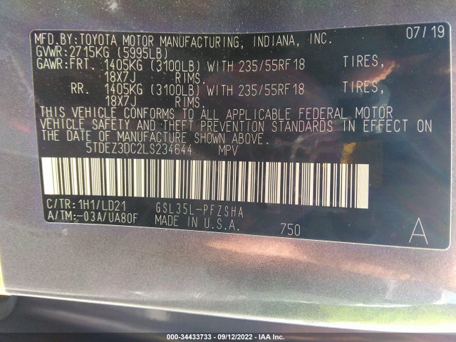 2020 Toyota Sienna, VIN: 5TDEZ3DC2LS234644