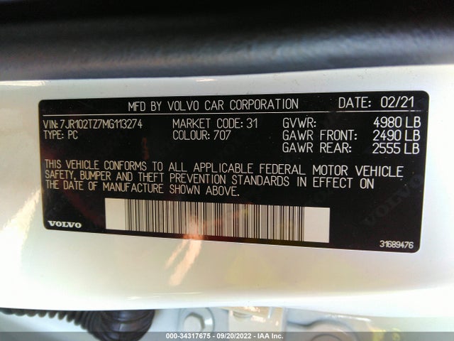 2021 Volvo S60, VIN: 7JR102TZ7MG113274
