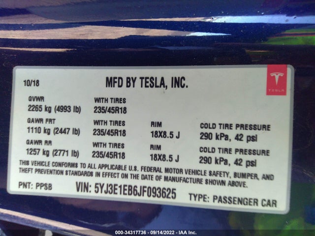 Tesla Model 3 Long Range 2018 5YJ3E1EB6JF093625 Image 10