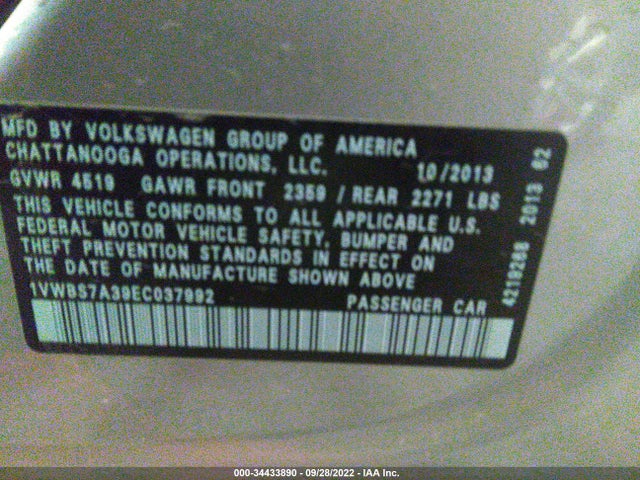 1VWBS7A39EC037992 Volkswagen Passat Se W/sunroof