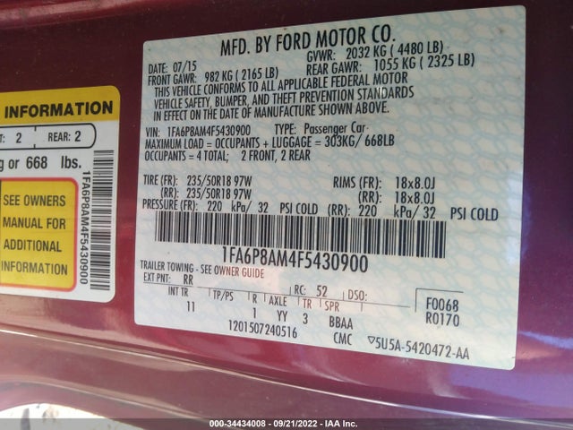 2015 Ford Fastback, VIN: 1FA6P8AM4F5430900
