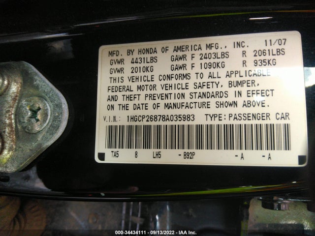 2008 HONDA ACCORD SDN EX-L VIN: 1HGCP26878A035983