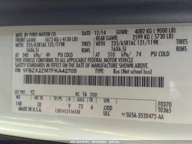 2015 Ford Transit, VIN: 1FBZX2ZM7FKA42705