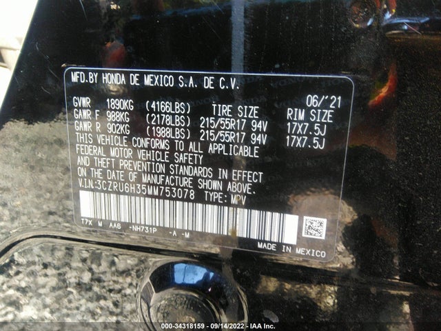 2021 HONDA HR-V LX VIN: 3CZRU6H35MM753078