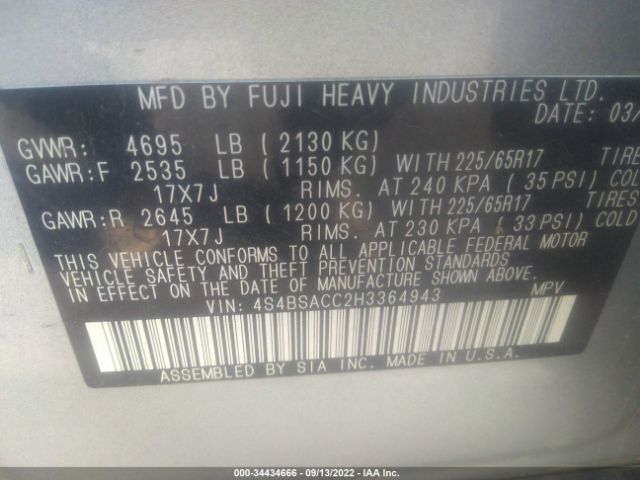 4S4BSACC2H3364943 Subaru Outback Premium
