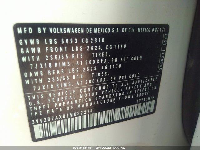 3VV2B7AX9JM032274 Volkswagen Tiguan Sel