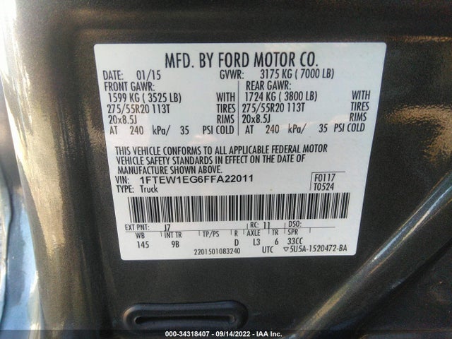 2015 FORD F-150 XLT/XL/LARIAT/PLATINUM VIN: 1FTEW1EG6FFA22011