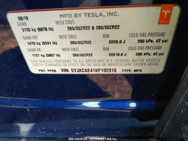 2019 Tesla Model X, VIN: 5YJXCAE41KF192315