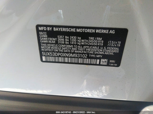 BMW X3 Xdrive30i 2022 аукцион фото