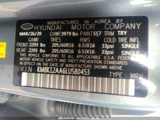 2020 Hyundai Kona, VIN: KM8K12AA6LU580453