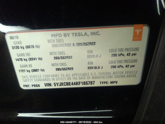2019 Tesla Model X, VIN: 5YJXCBE44KF186787