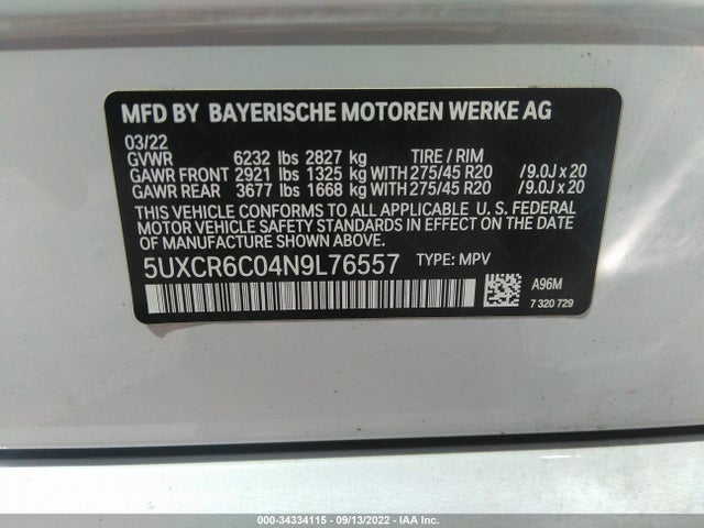 2022 BMW X5, VIN: 5UXCR6C04N9L76557