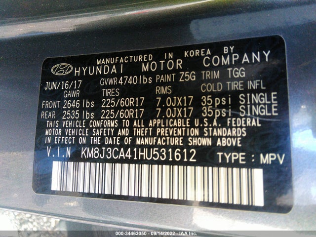 2017 Hyundai Tucson, VIN: KM8J3CA41HU531612