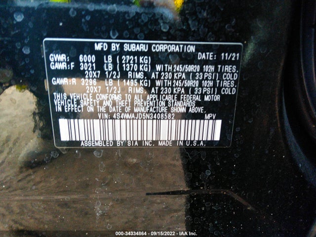 2022 Subaru Ascent, VIN: 4S4WMAJD5N3408582