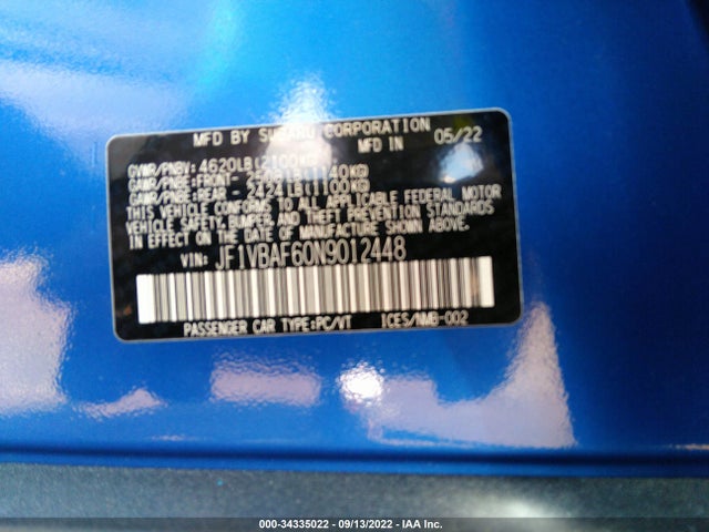 2022 Subaru WRX, VIN: JF1VBAF60N9012448
