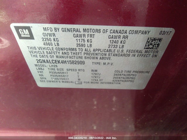 Chevrolet EQUINOX LT 2017 2GNALCEK4H1582909 Image 10