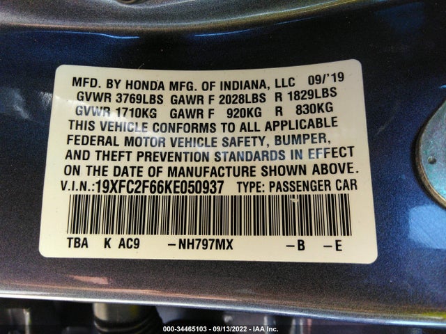 Honda Civic Sedan Lx 2019 19XFC2F66KE050937 Image 9
