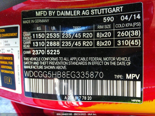 2014 Mercedes-Benz GLK-Class, VIN: WDCGG5HB8EG335870