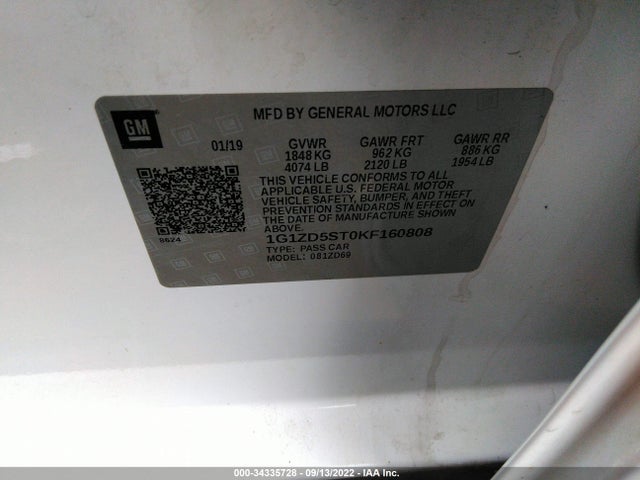 2019 CHEVROLET MALIBU LT VIN: 1G1ZD5ST0KF160808
