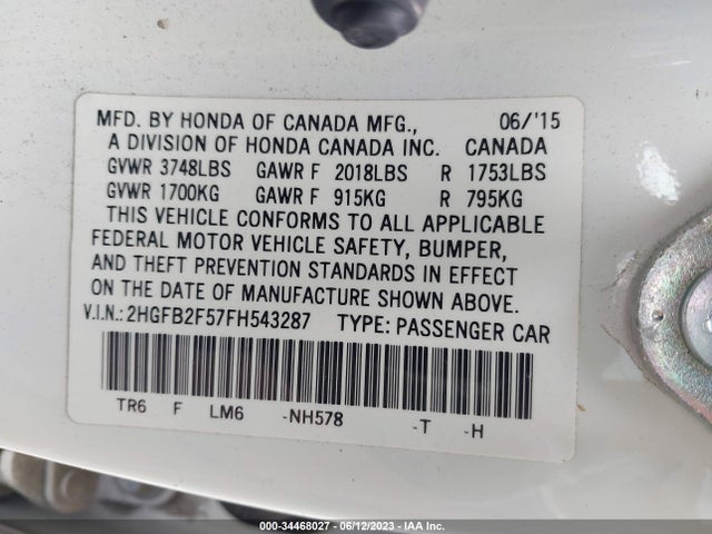 Honda Civic Sedan Lx 2015 2HGFB2F57FH543287 Image 11
