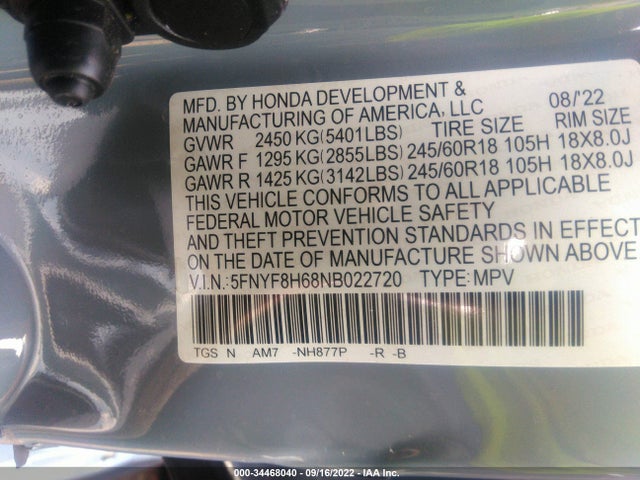 2022 HONDA PASSPORT TRAILSPORT VIN: 5FNYF8H68NB022720