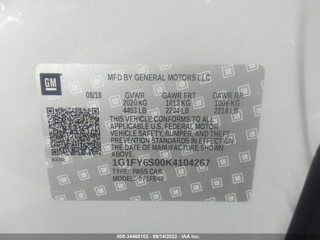 2019 Chevrolet Bolt EV, VIN: 1G1FY6S00K4104267