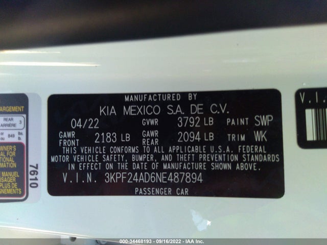 2022 KIA FORTE LXS VIN: 3KPF24AD6NE487894