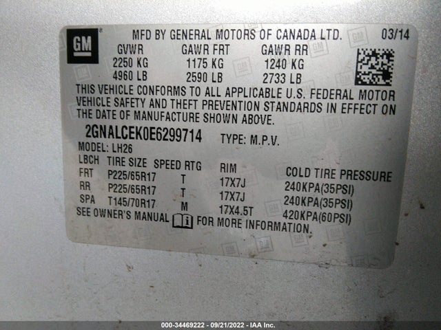 Chevrolet EQUINOX LT 2014 2GNALCEK0E6299714 Image 10