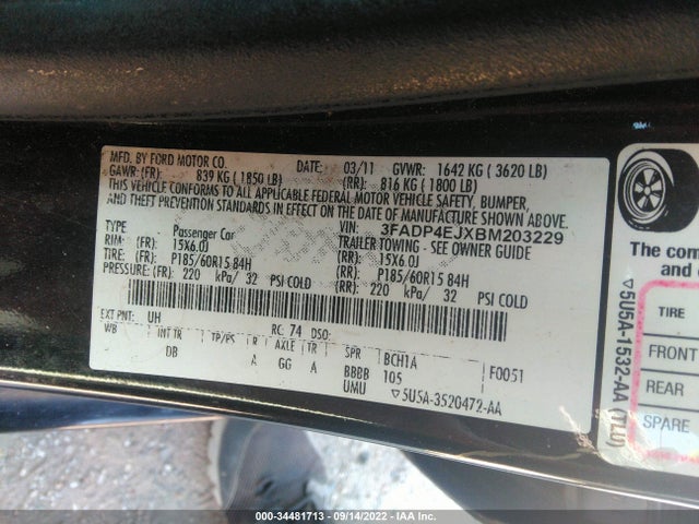 2011 FORD FIESTA SE VIN: 3FADP4EJXBM203229