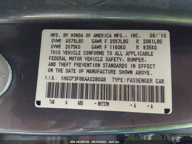 2010 HONDA ACCORD SDN EX-L VIN: 1HGCP3F86AA028048